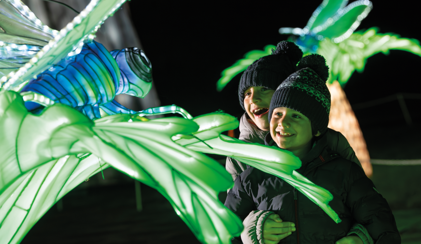 Two small children wrapped in scarfs and woolly hats holding each other whilst looking on with joy at the boughs of an illuminated lantern sculpture of a Christmas tree.