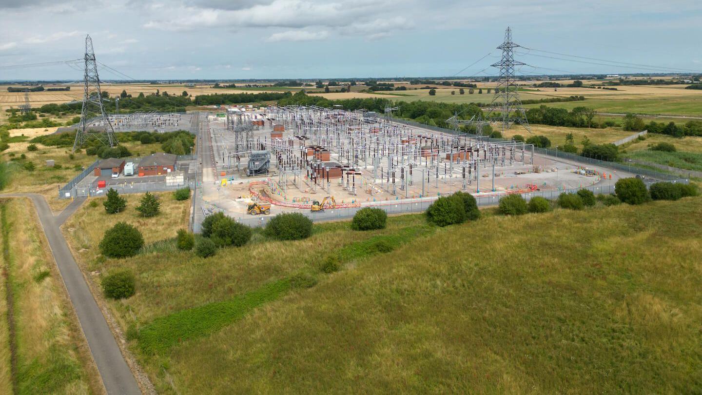 An aerial view of an existing typical substation at Bicker Fen in Lincolnshire.