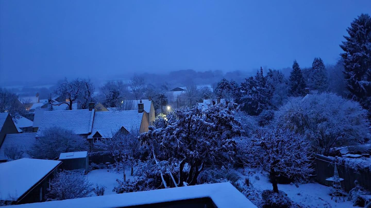 Rooftops of houses stretching into the distance, surrounded by trees. Gardens and roof tiles are covered with thick snow. The overall hue of the image is a dark blue.