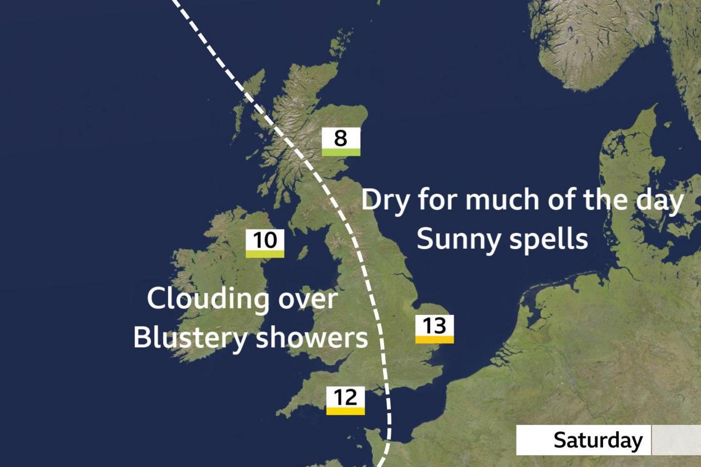 UK map with blustery showers in the west and sunny spells in the east