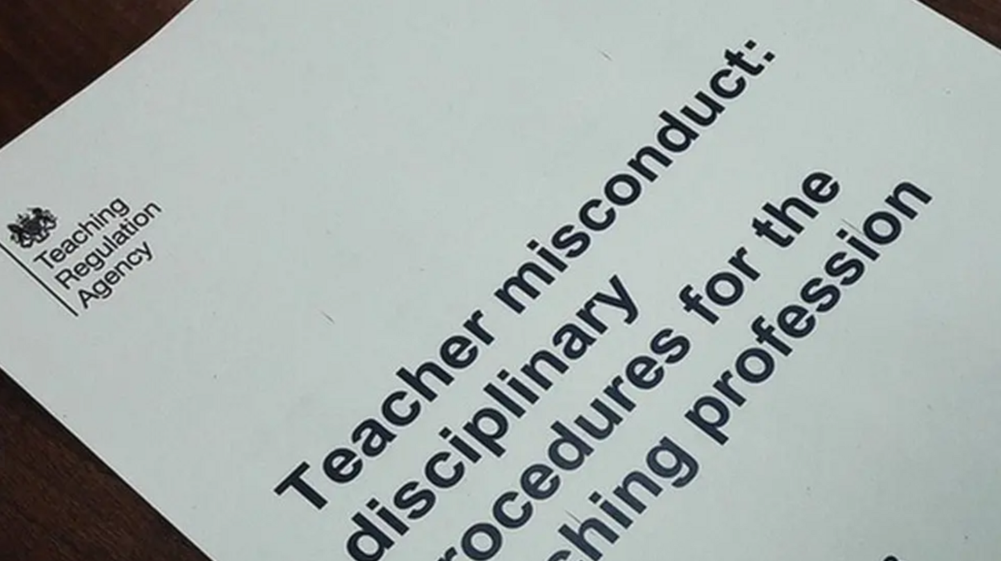 A white piece of paper with the Teaching Regulation Agency logo in the top left-hand coroner. The words "Teacher misconduct: disciplinary procedures for the teaching profession" can be seen on the paper.
