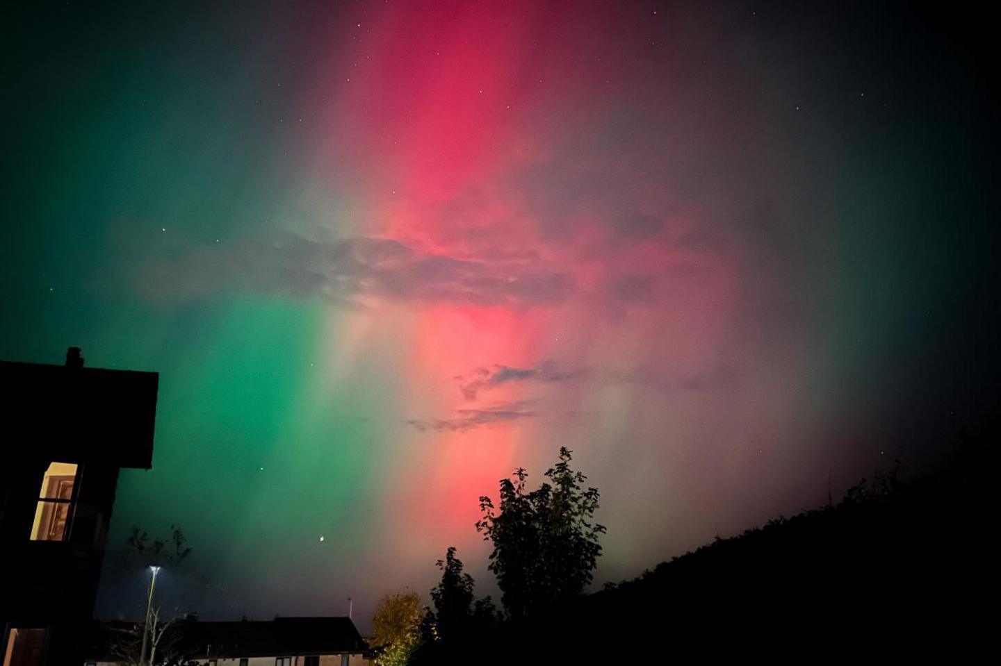 A house with a light on and the aurora glowing in colours of red, pink and green with a tree silhouetted against it.