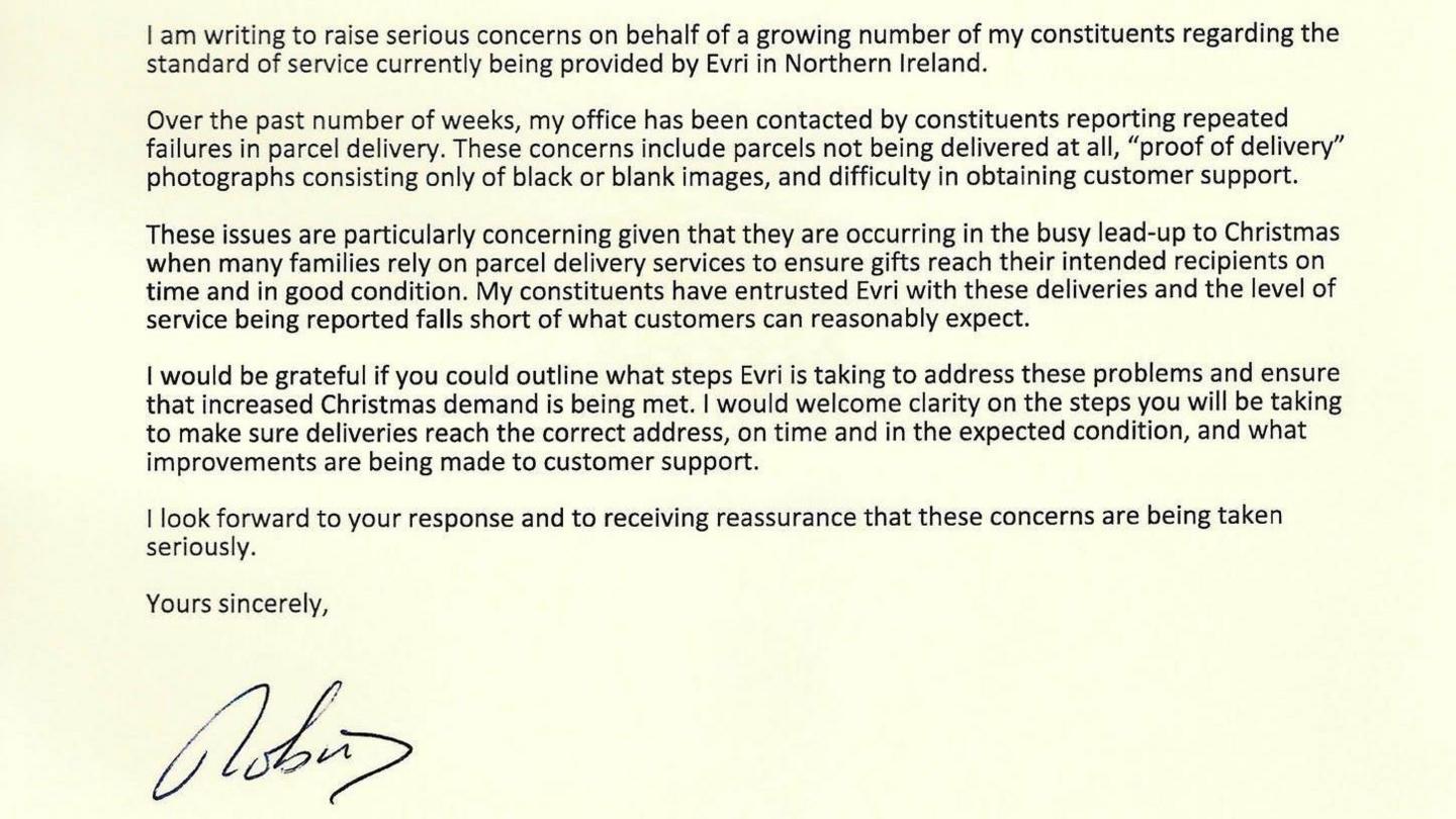 A cropped letter signed Robin S about concerns over Evri's service in Northern Ireland. The paper is a cream colour.