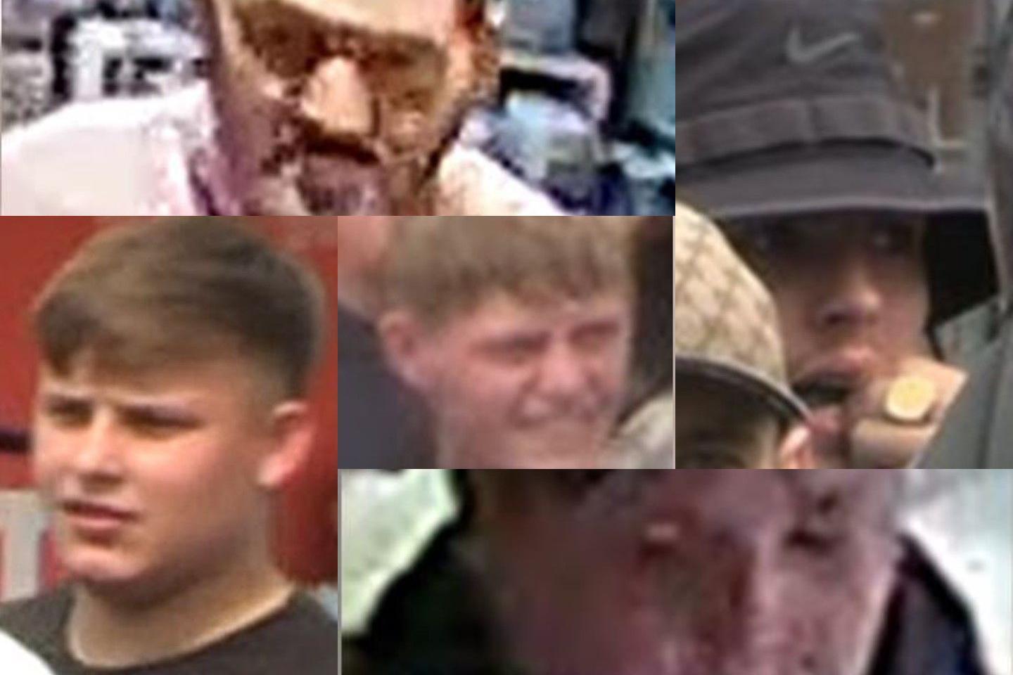 CCTV images of five men related to disorder in Hull. One is a pixelated image of a man with beard, another has a black Nike hat and a large gold ring on his finger, the other has short brown hair and one man has light brown hair. There is a further man with a pixelated face