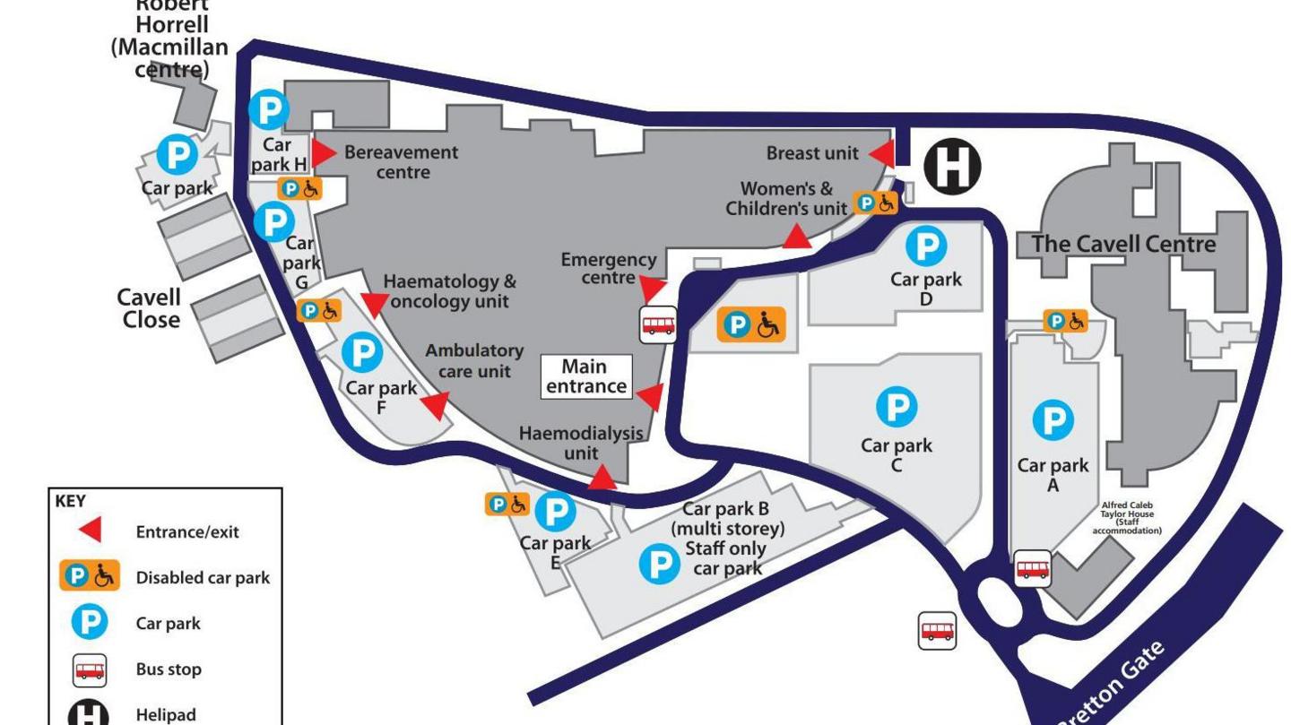 A map of the hospital showing where the modular unit will be based. The map shows various entrances to the hospital's departments as well as a number of car parks.