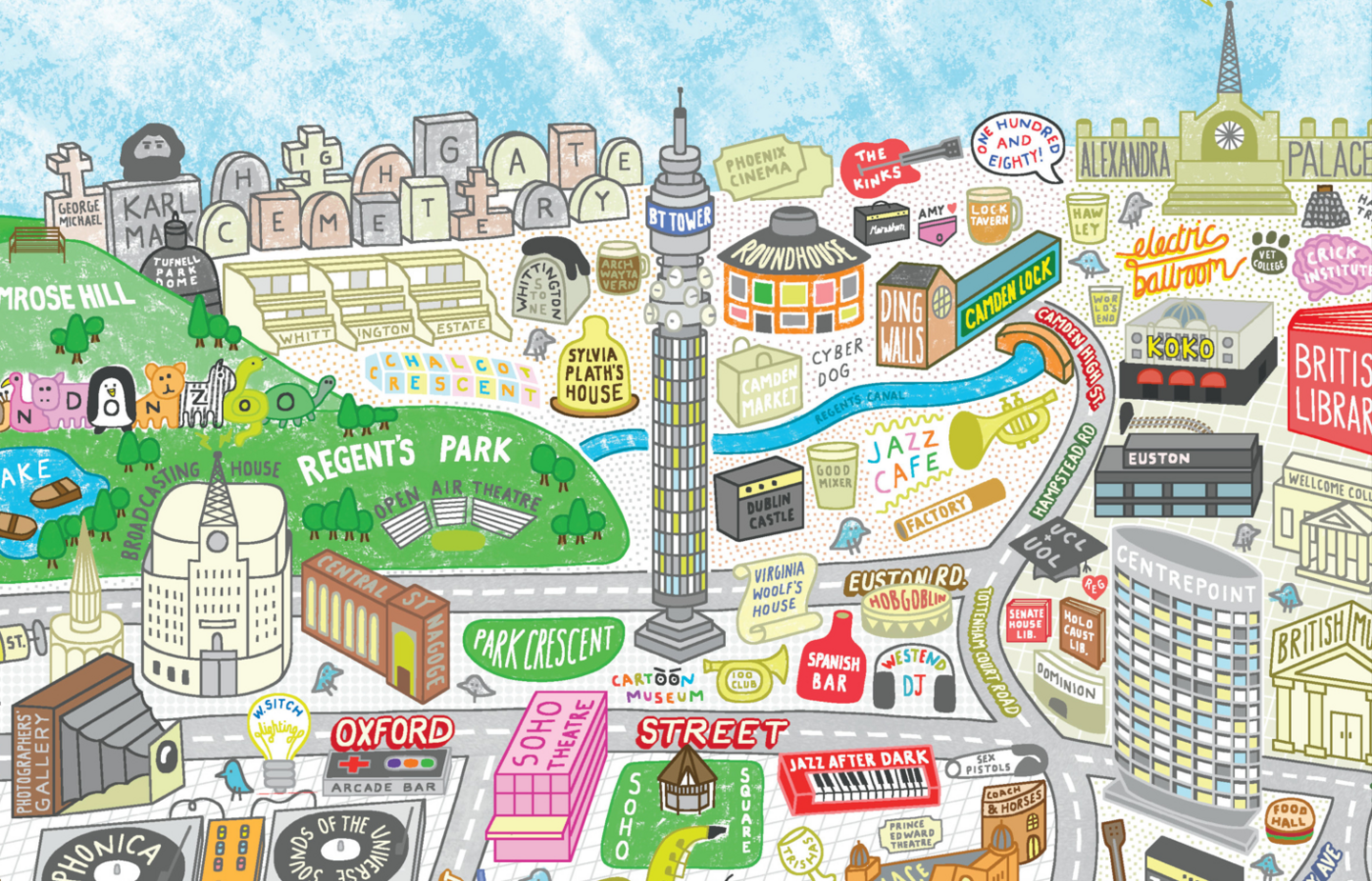 Illustrated map of London with drawings representing various places in the city with close up of illustrations around the BT Tower