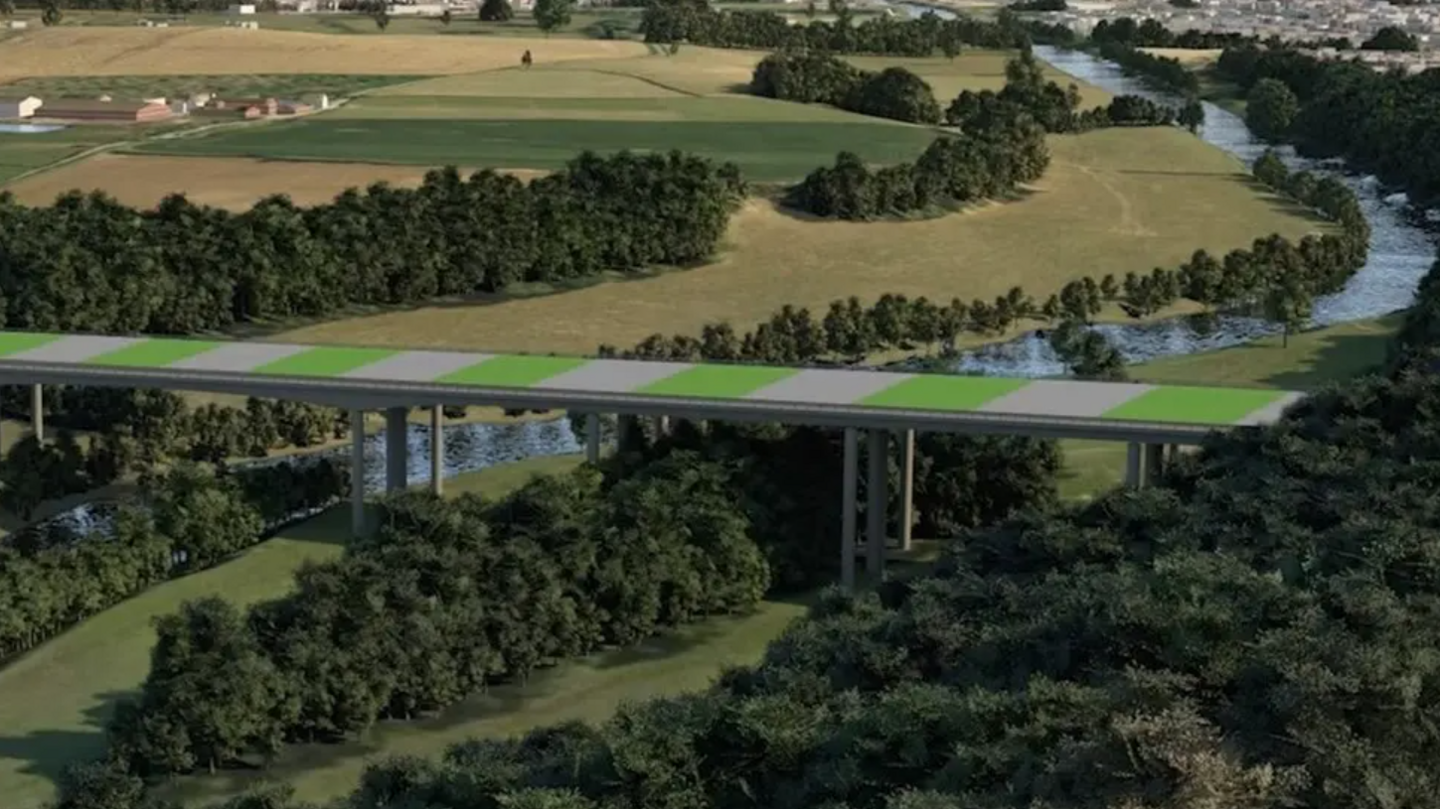 An artist's impression of part of the route over the the River Wye to the west of the city. There is countryside below a long, flat bridge design.