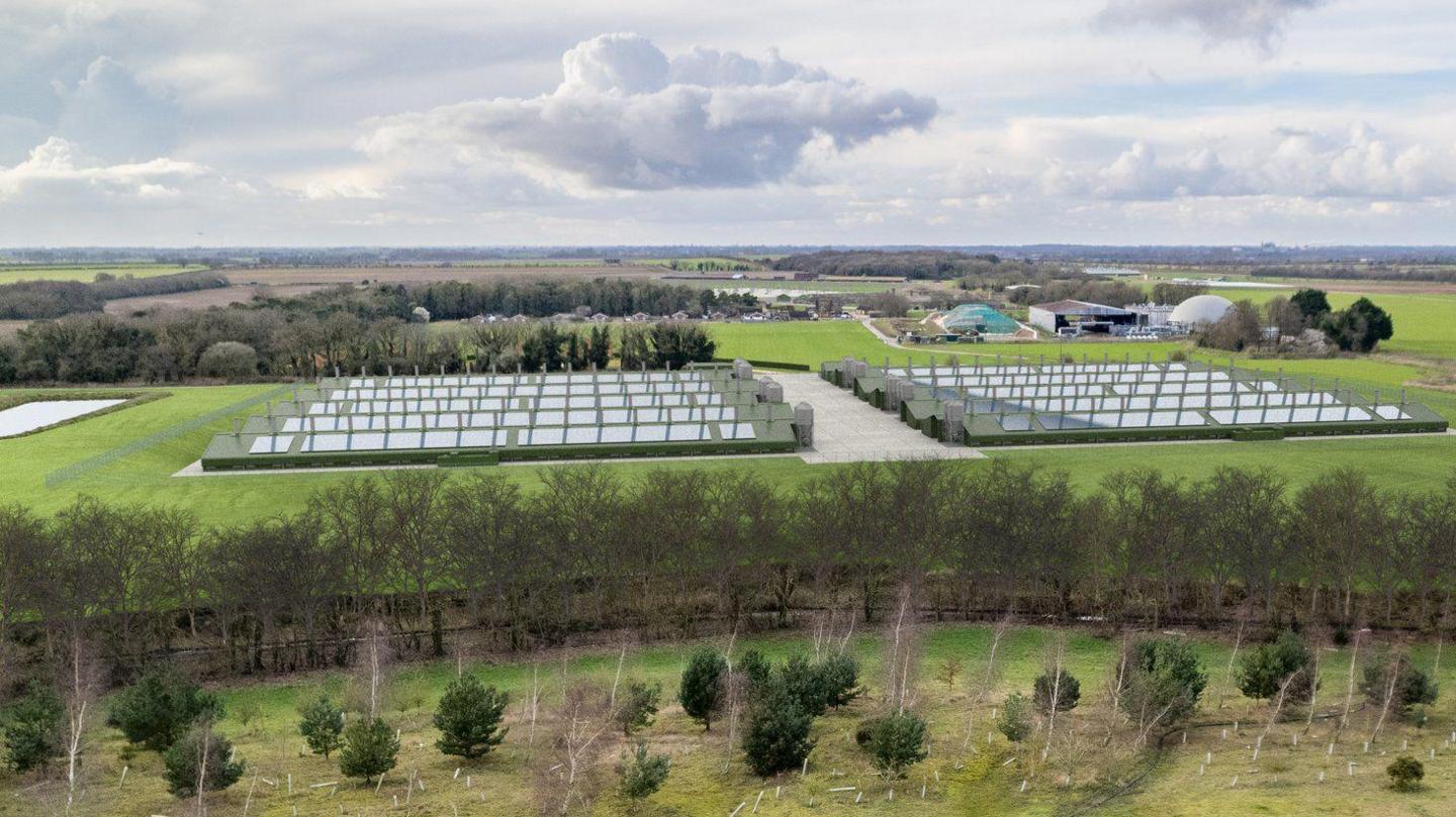 A large green field with a number of chicken sheds superimposed on the image. In the distance are other buildings. 