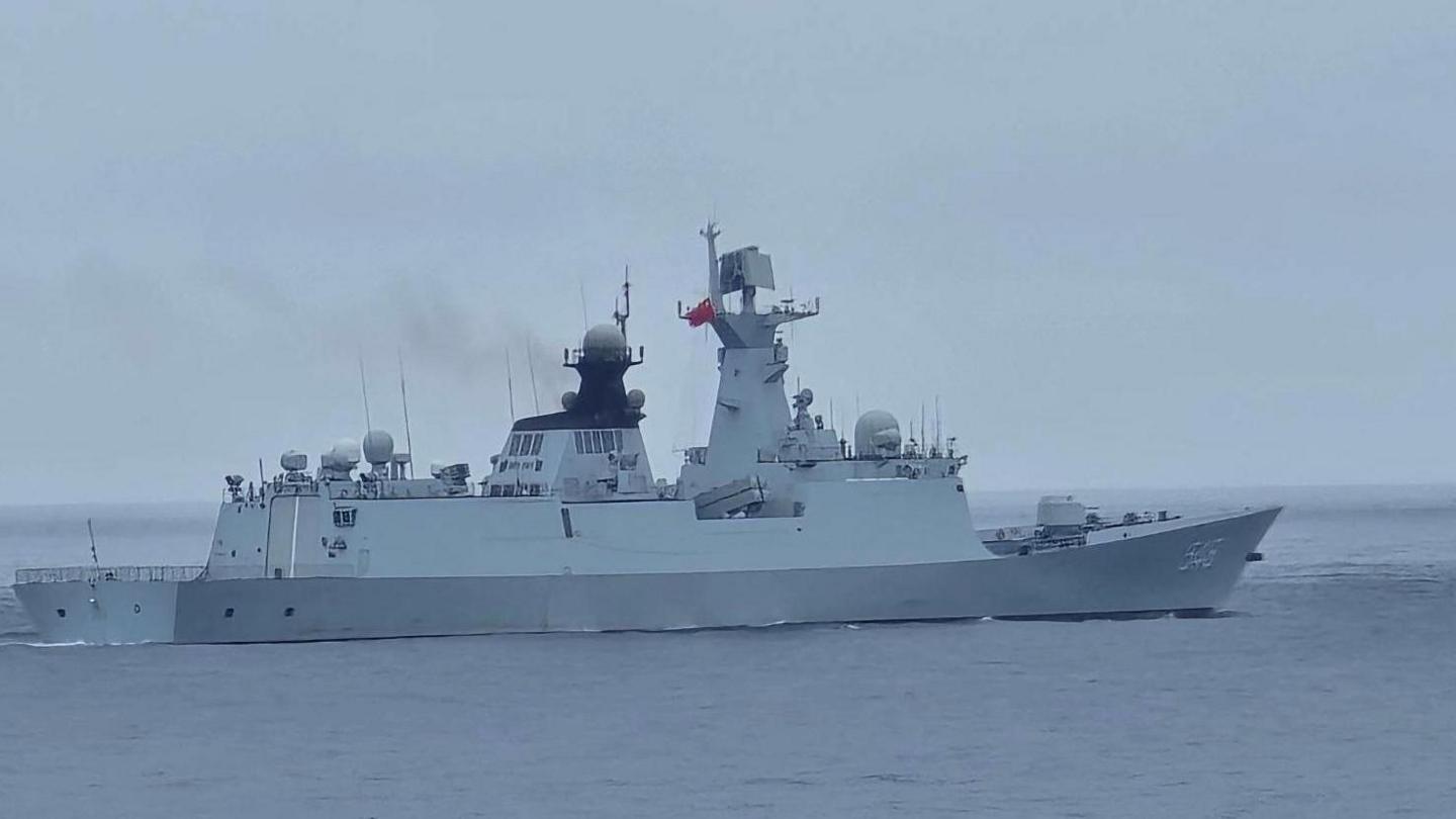 A Chinese warship navigates on waters near Pengjia Islet in northern Taiwan, in this handout image released May 23, 2024