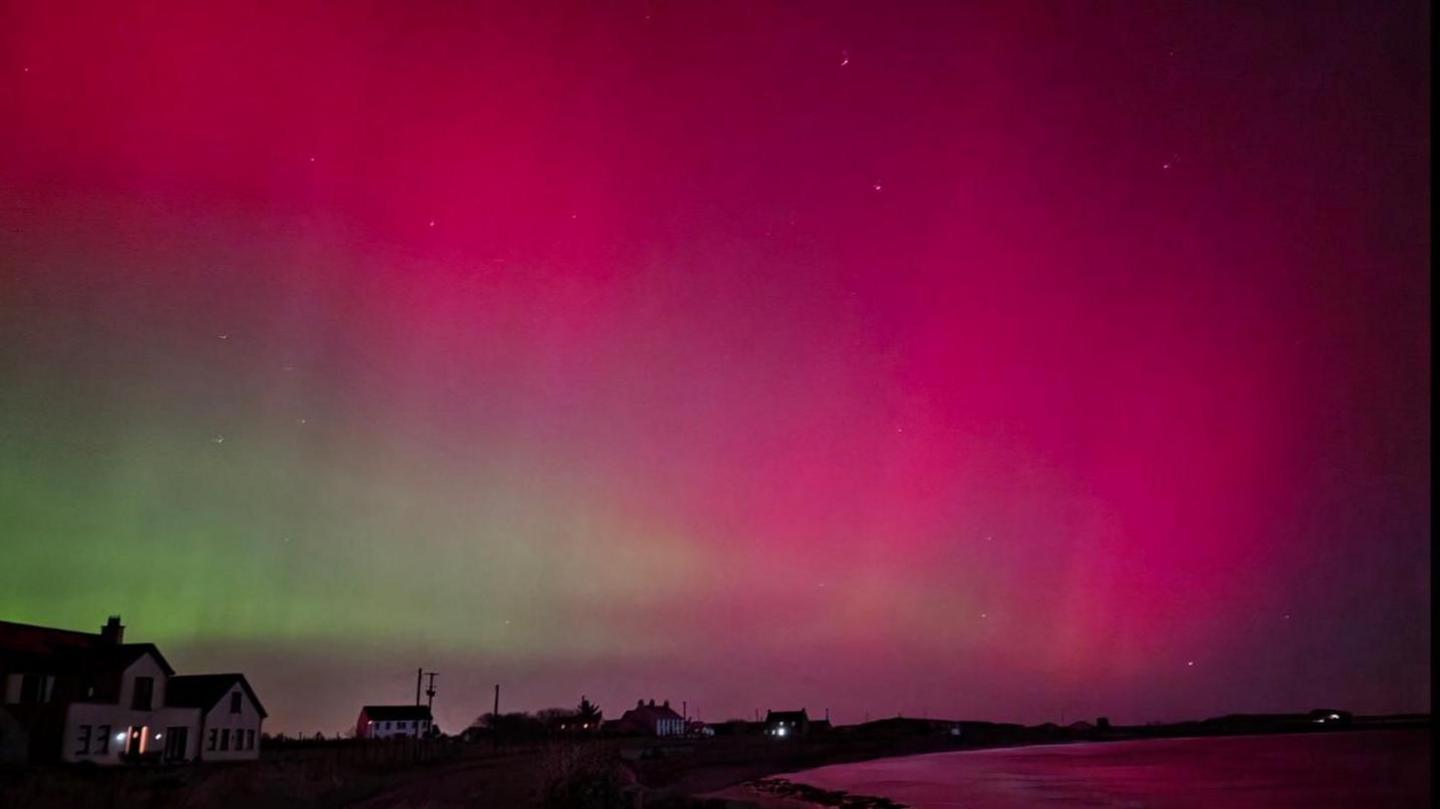 The Northern Lights lighting up the sky in pink and green colours. A number of homes are visible along a coast. 