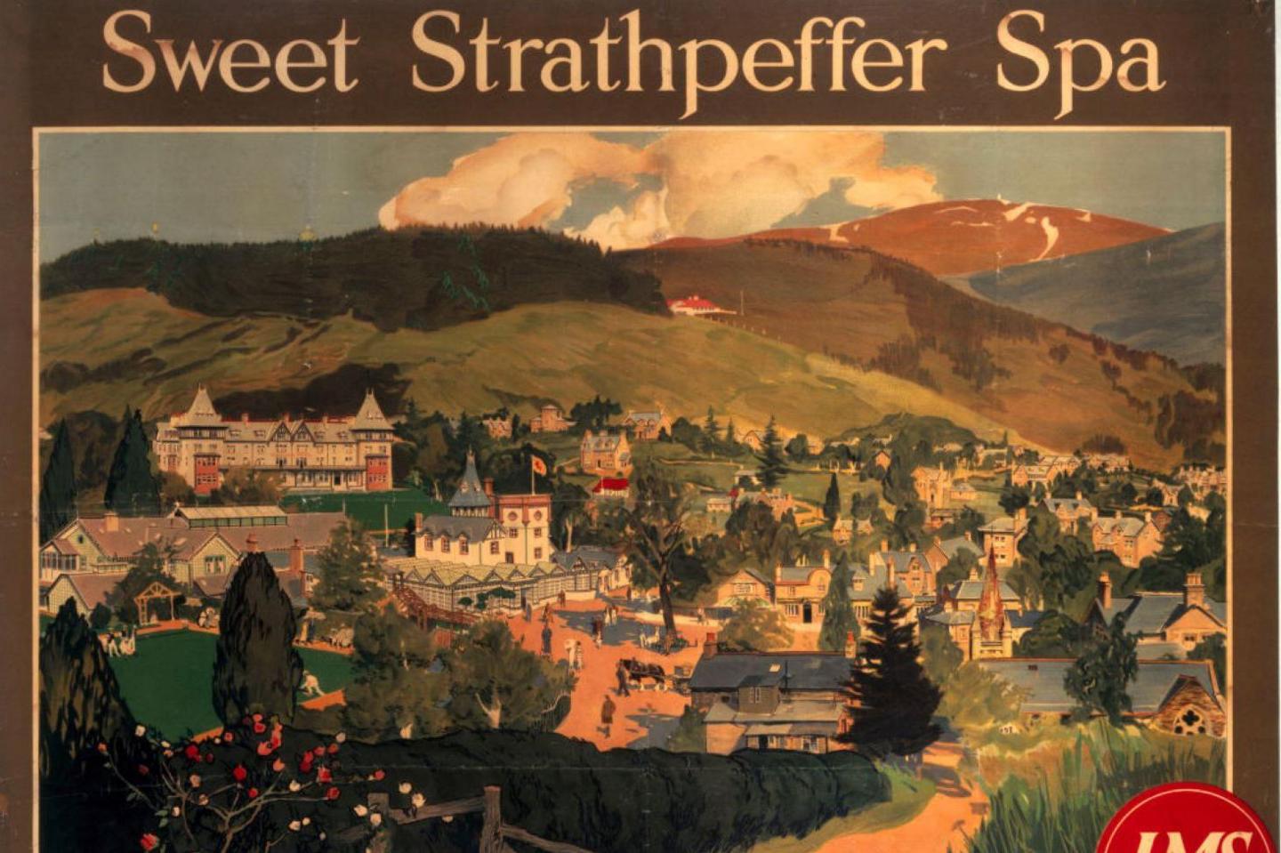 The poster features an illustration of the village. The pavilion is on the left hand side of the image and there are hotels and in the village square a horse pulling a cart.