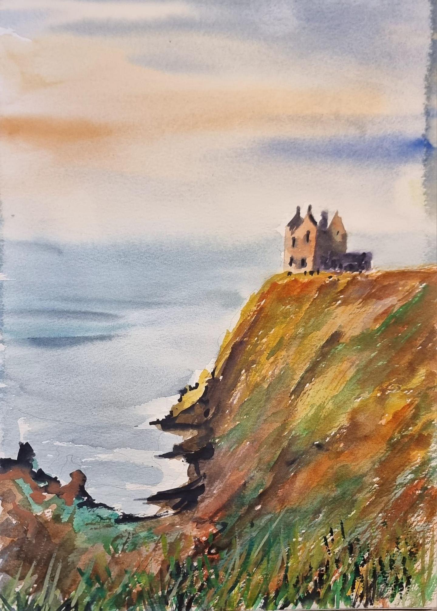 A painting of Dunskey Castle in south west Scotland standing on an outcrop over the sea