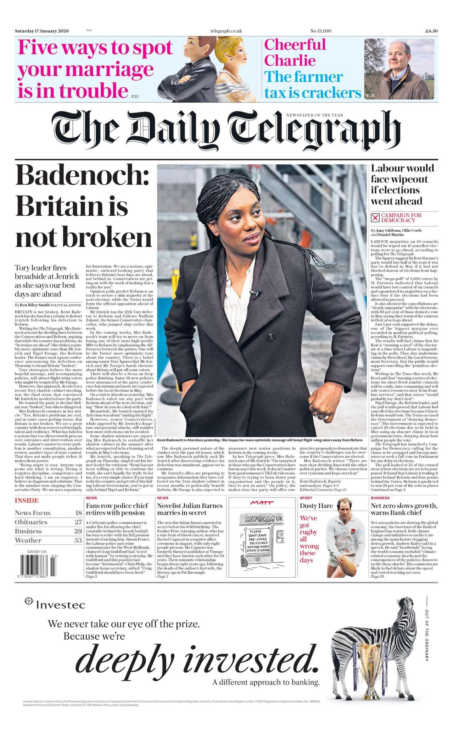 “Badenoch: Britania nuk është e shkatërruar”, shkruhej në titullin kryesor të faqes së parë të Daily Telegraph.
