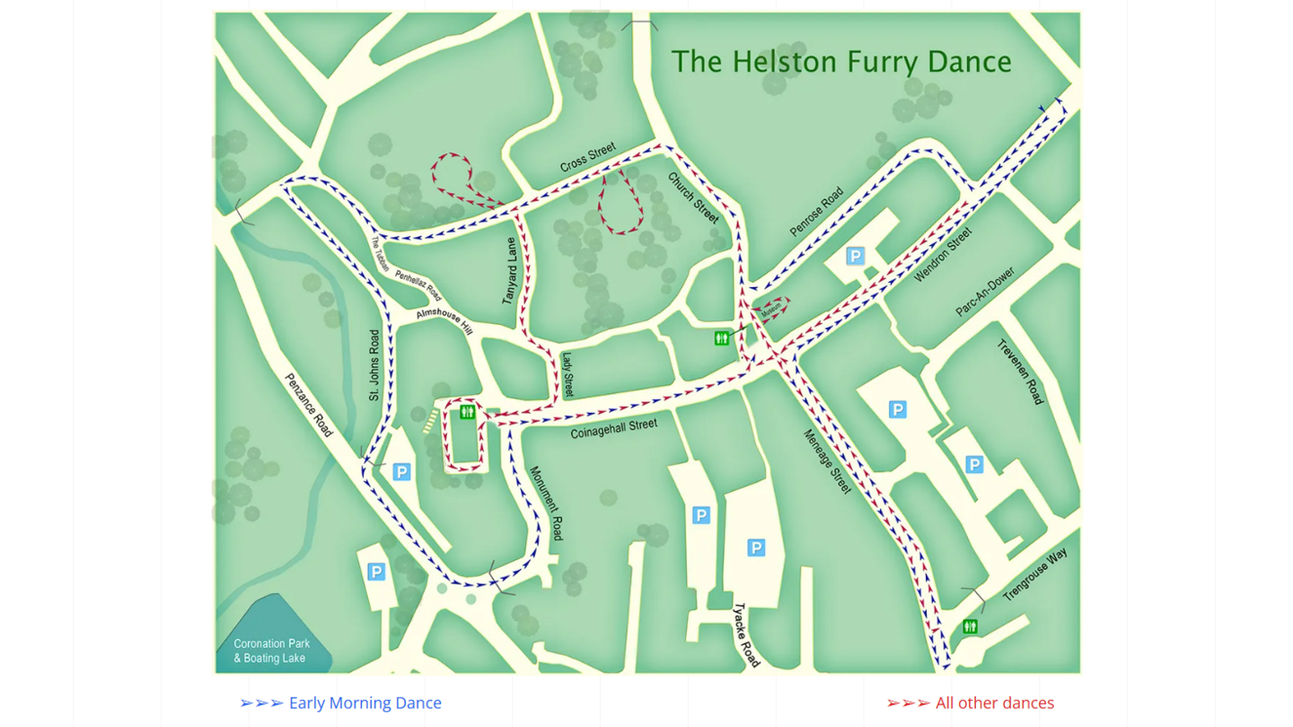 A diagram titled The Helston Furry dance with two keys - Early Morning Dance with blue arrows and All Other Dances with red arrows. The dances are mapped thought the town's streets.
