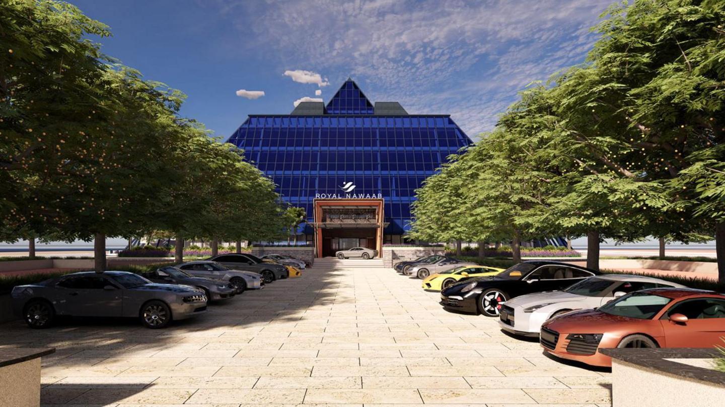 A CGI image of the entrance to the repurposed Stockport Pyramid, complete with a Royal Nawaab sign and new landscaping.