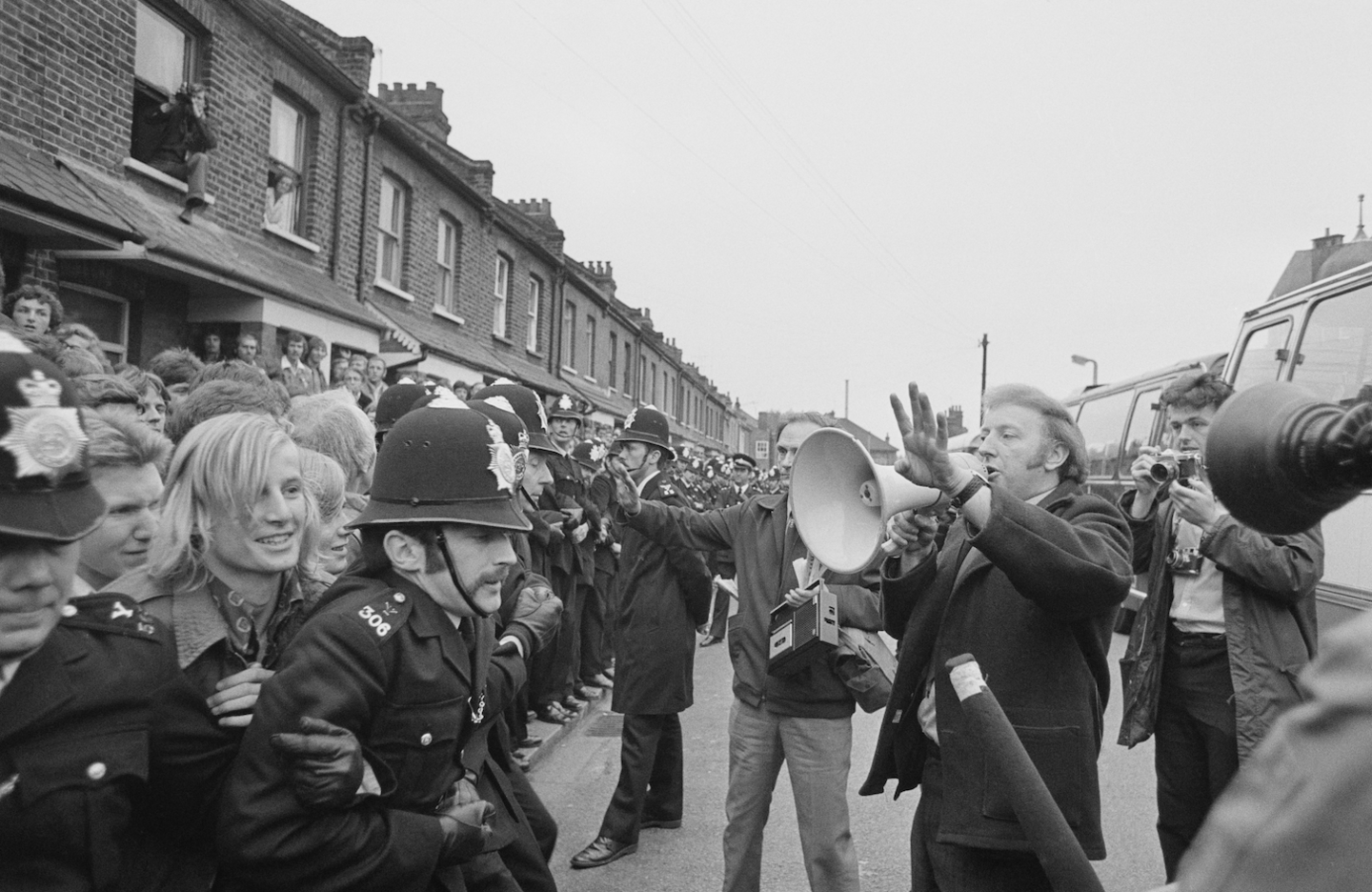 Arthur Scargill on the Grunwick picket line