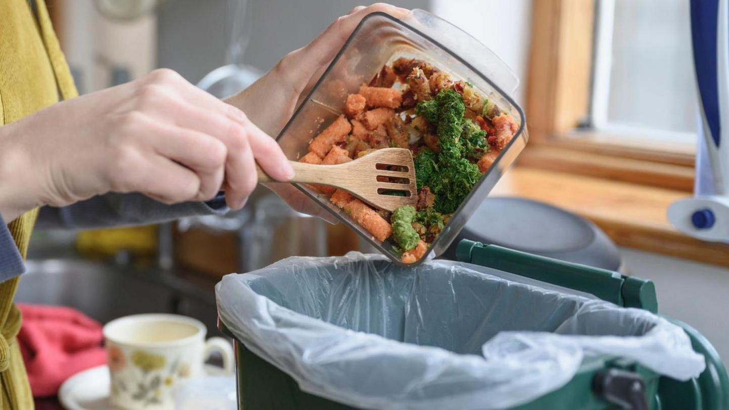 A person's hand scooping out carrot and broccoli from a clear container with a wooden spatula into a small green bin with a white plastic bag in it. It is in a kitchen, with a window, a sink and a mug in the background.