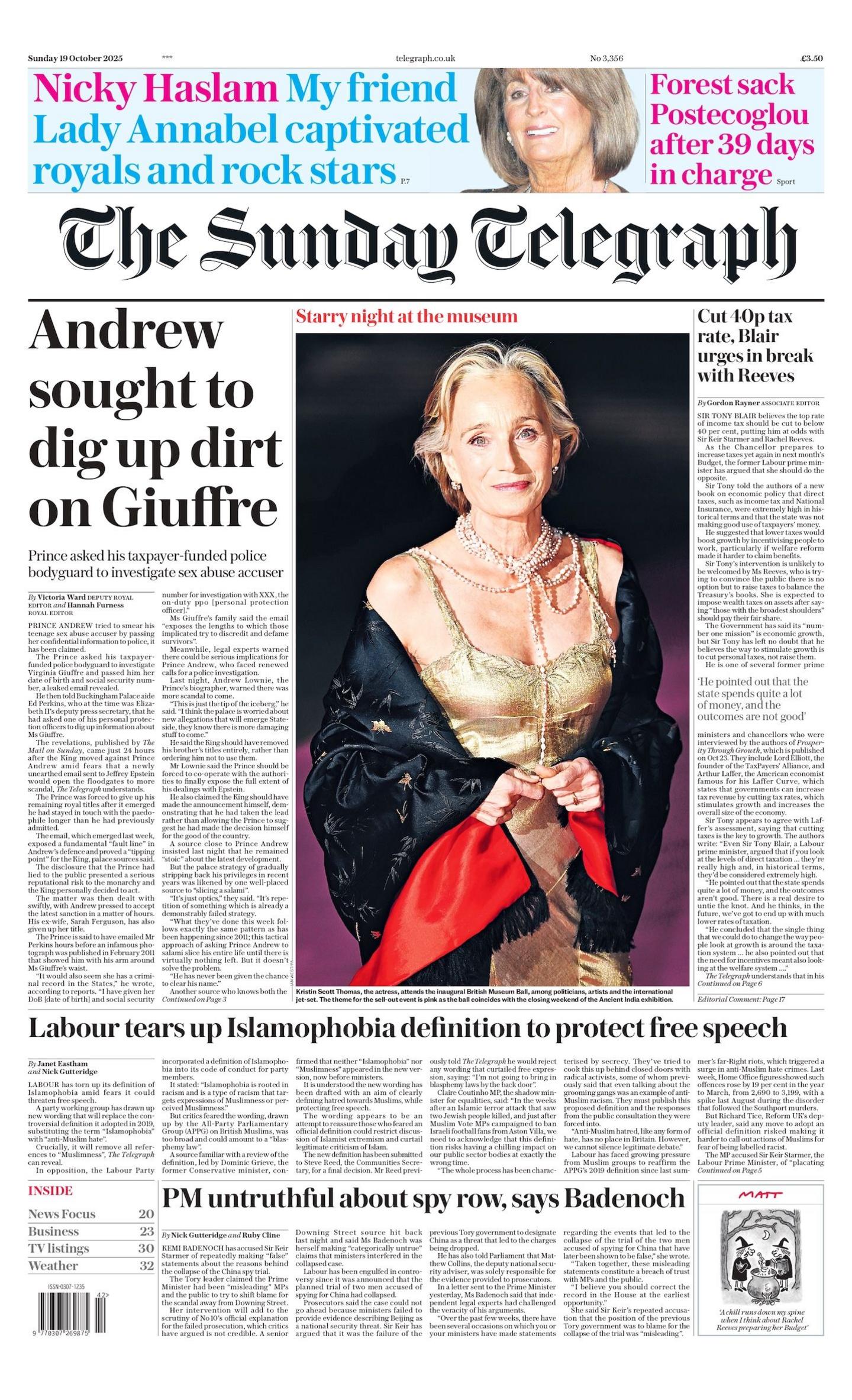 "Andrew sought to dig up dirt on Giuffre" reads the headline on the front page of The Sunday Telegraph.