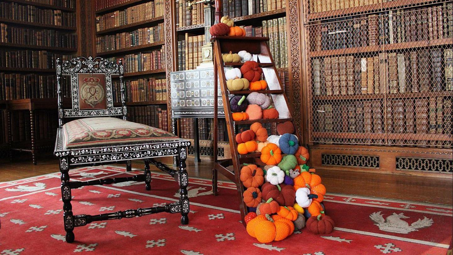 Dozens of colourful knitted pumpkins covering a wooden ladder in an old library, which stands next to metal chair. Hundreds of books line the walls of the rooms, with red carpet on the floor.