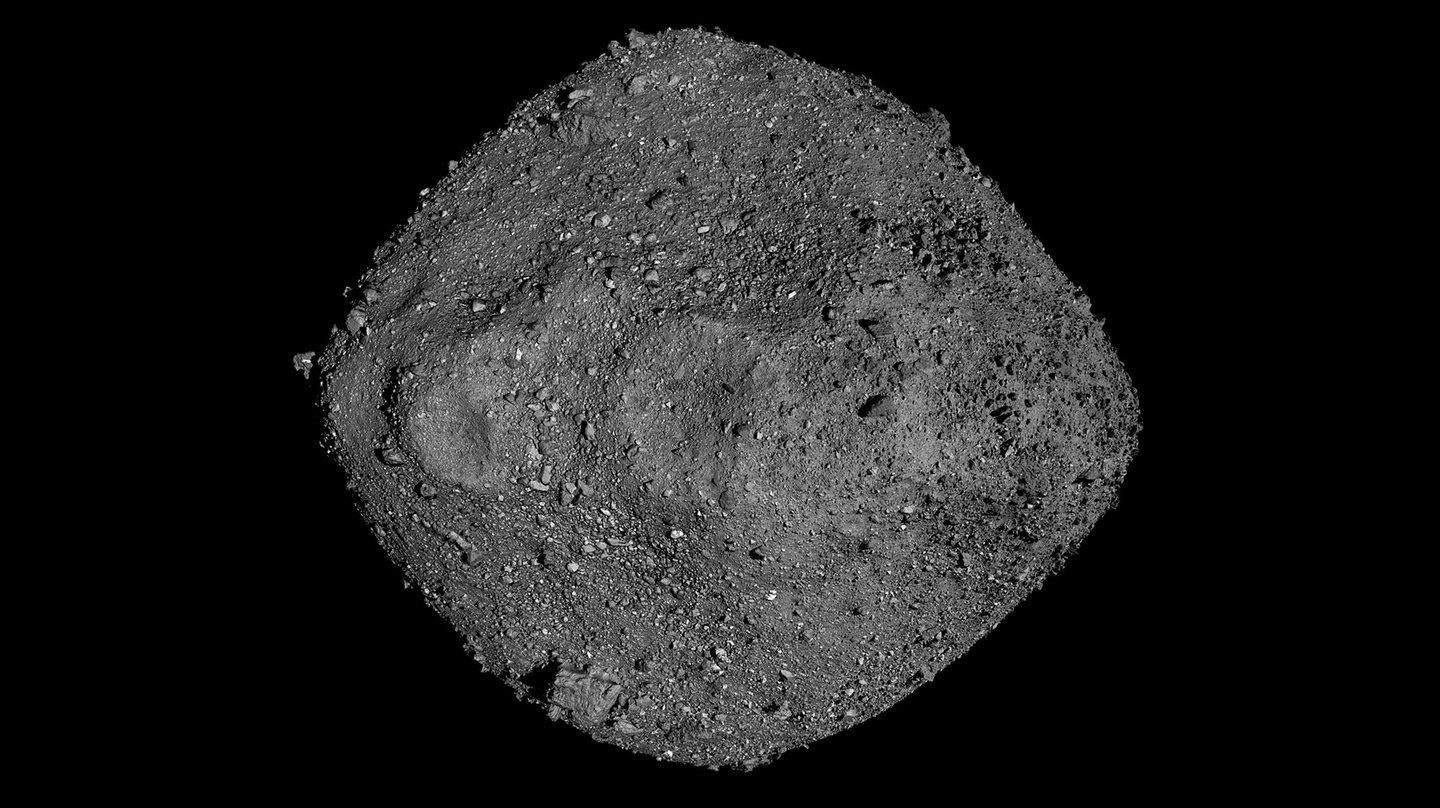 This 2019 view of asteroid Bennu in 2019, showing it ejecting particles from its surface was created by combining two images taken by the NavCam 1 imager aboard NASA's OSIRIS-REx spacecraft