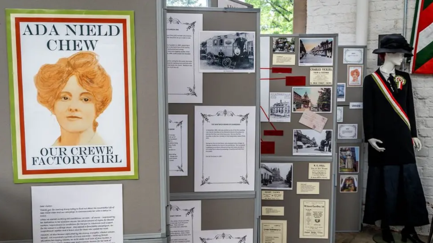 A number of display boards with writing and photos, describing the life of Ada Nield Chew