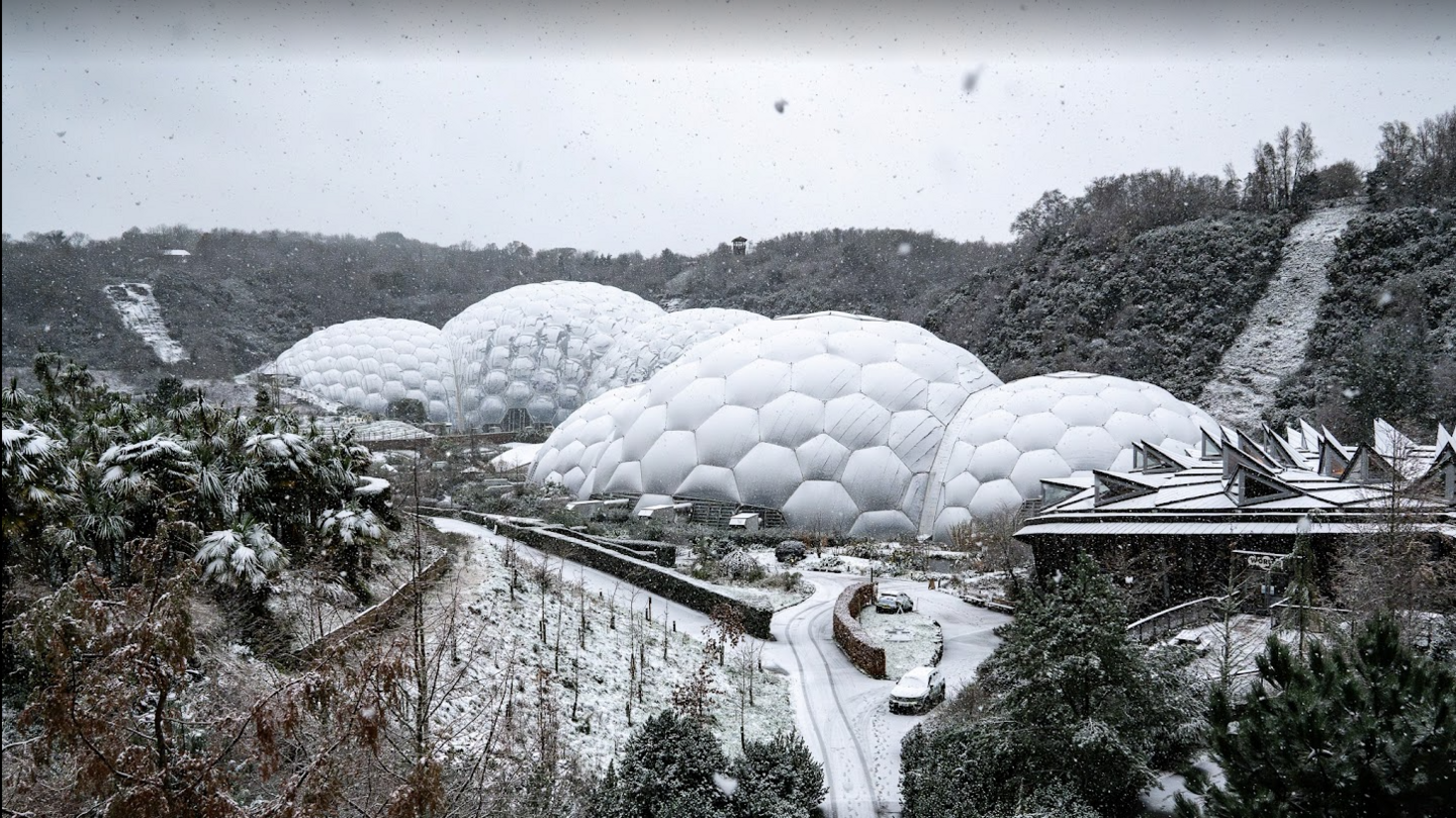 The Eden Project biomes covered in snow 