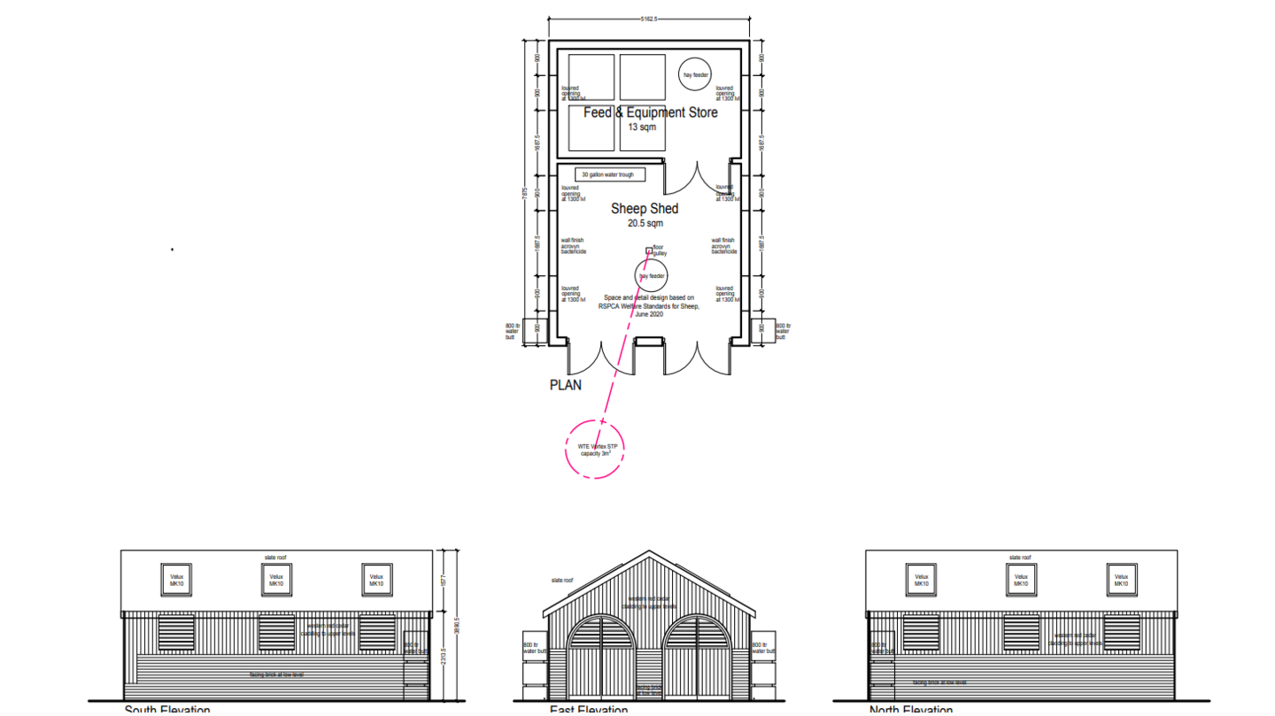 Planning documents showing all sides of the sheep shelter.