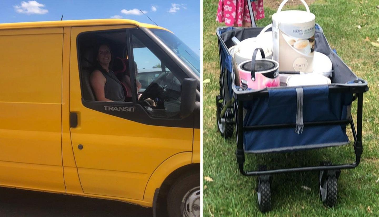 Woman sitting in yellow van and trolley loaded with paint pots.