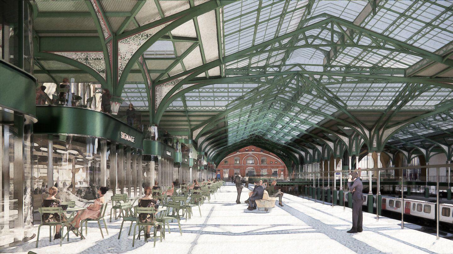 An artist's impression of the new upper level inside Liverpool Street Station, with green and white beams, white floors and new restaurants featuring green and white signage