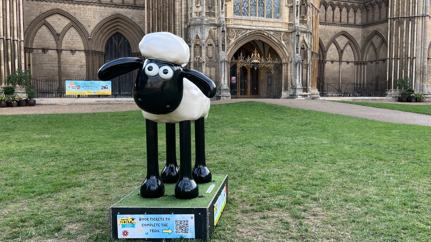 A statue of a sheep, who is Shaun the Sheep. He has white wool and skinny black legs, and a slightly vacant expression. The statue is outside Peterborough Cathedral. 