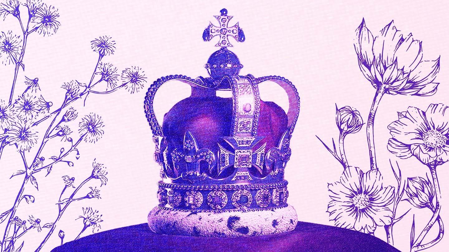 Royal Watch newsletter logo, featuring a purple-hued illustration of a crown on a cushion, surrounded by flowers