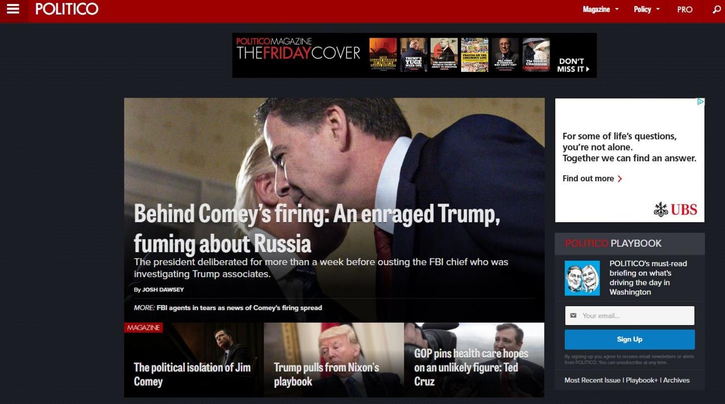 A screengrab of the Politico website showing the headline, "Behind Comey's firing: An enraged Trump, fuming about Russia".