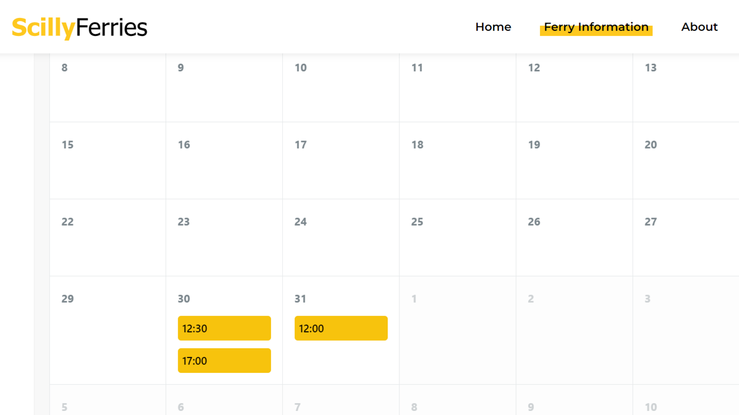 Sailing schedule showing 30 and 31 July sailings 