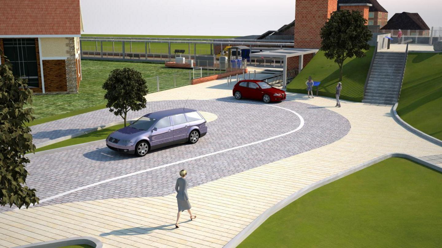 A drawing of a paved road in front of some small buildings raised up on a hill with two cars and one person on the paved area