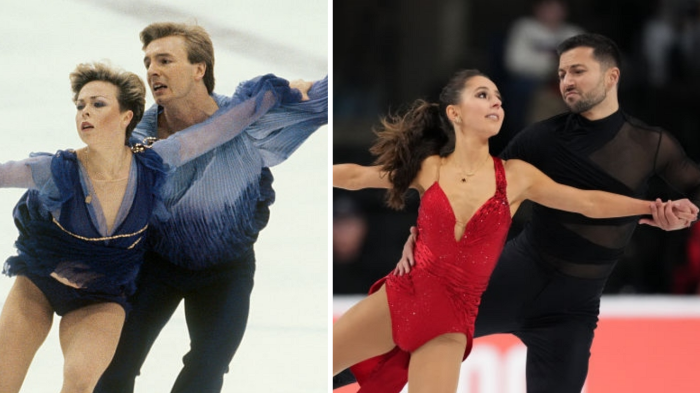 Split picture of Jayne Torvill and Christopher Dean skating and Lilah Fear and Lewis Gibson skating