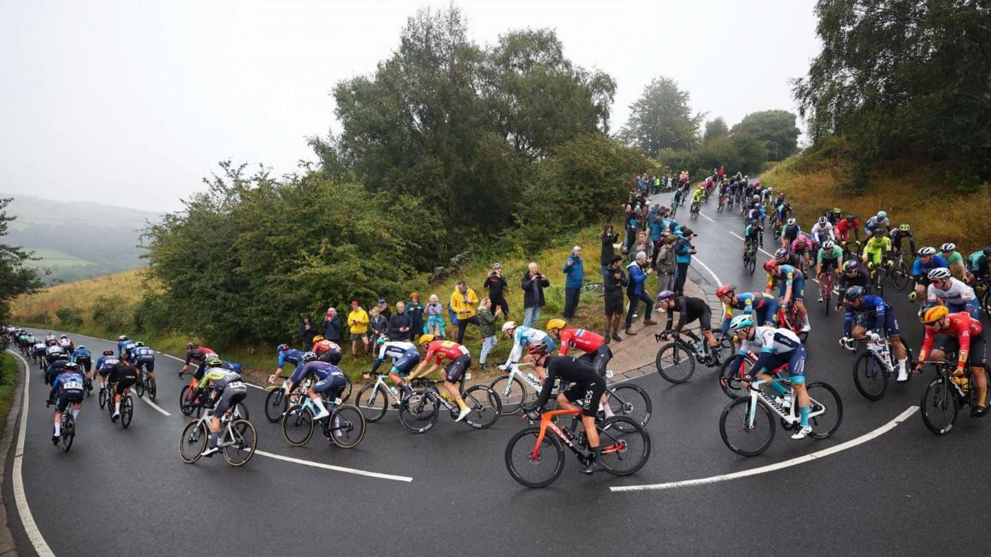 Riders pass through the Rivelin Valley during stage 3 of the Tour of Britain cycling race in Sheffield,