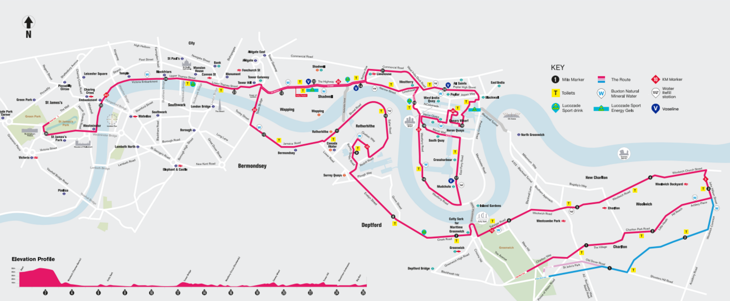 The 2026 London Marathon route map from Greenwich Park to The Mall