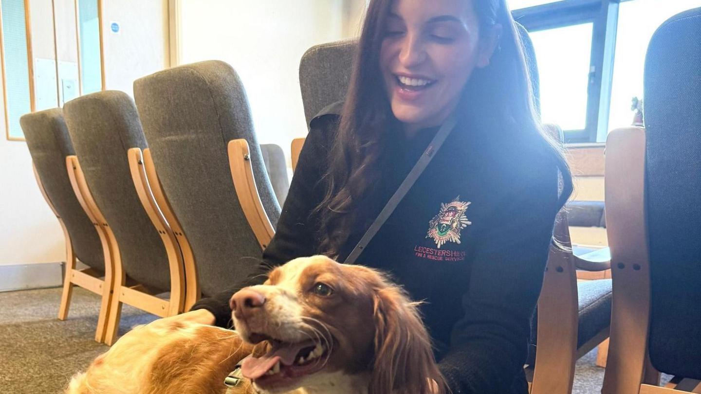 A happy looking dog being petted by a woman in a fire brigade jumper. She smiles while the dog has its tongue out. The dog has brown ears and a brown face with a central white stripe leading over its muzzle. It has patches of brown fur on its back. Behind the woman are a row of chairs next to a table in a room.