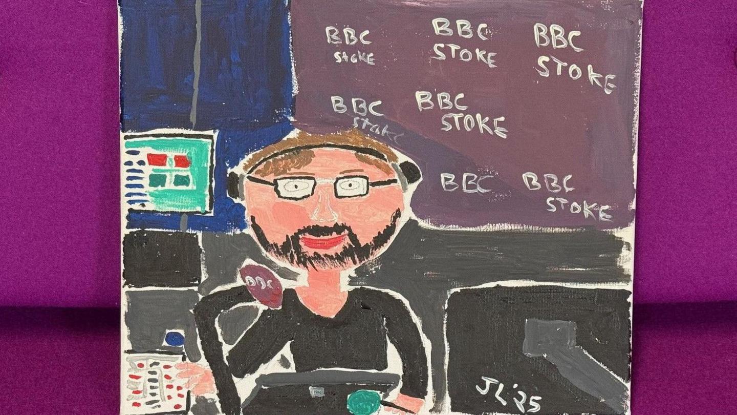 A child-like painting, against a purple backdrop, of BBC Radio Stoke presenter Lee Blakeman