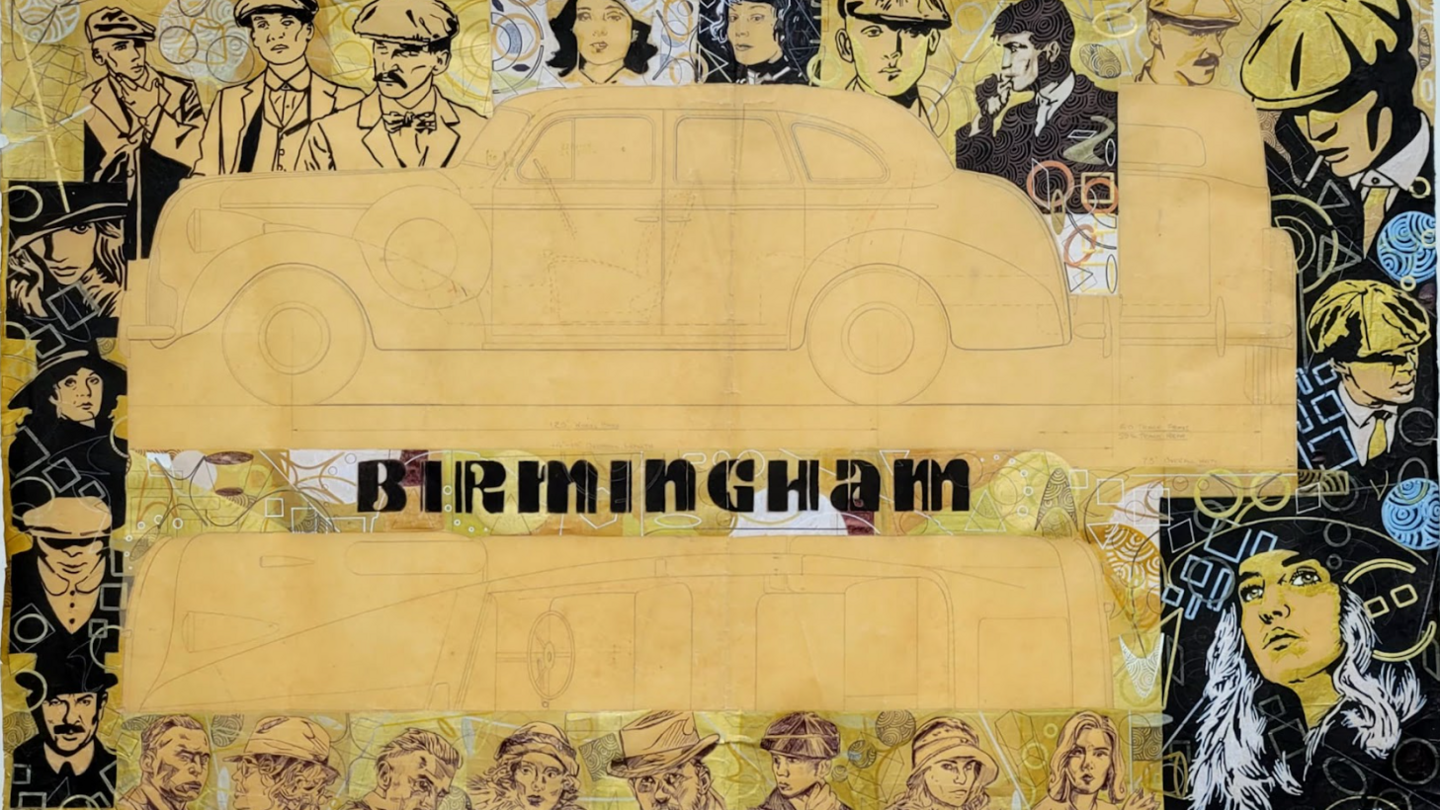 This print is mainly yellow in colour - using a large paper drawing of a car in the centre - with images of Peaky Blinder characters in dark colours added around the edges. The word Birmingham in capital letters is in the centre of the piece. 