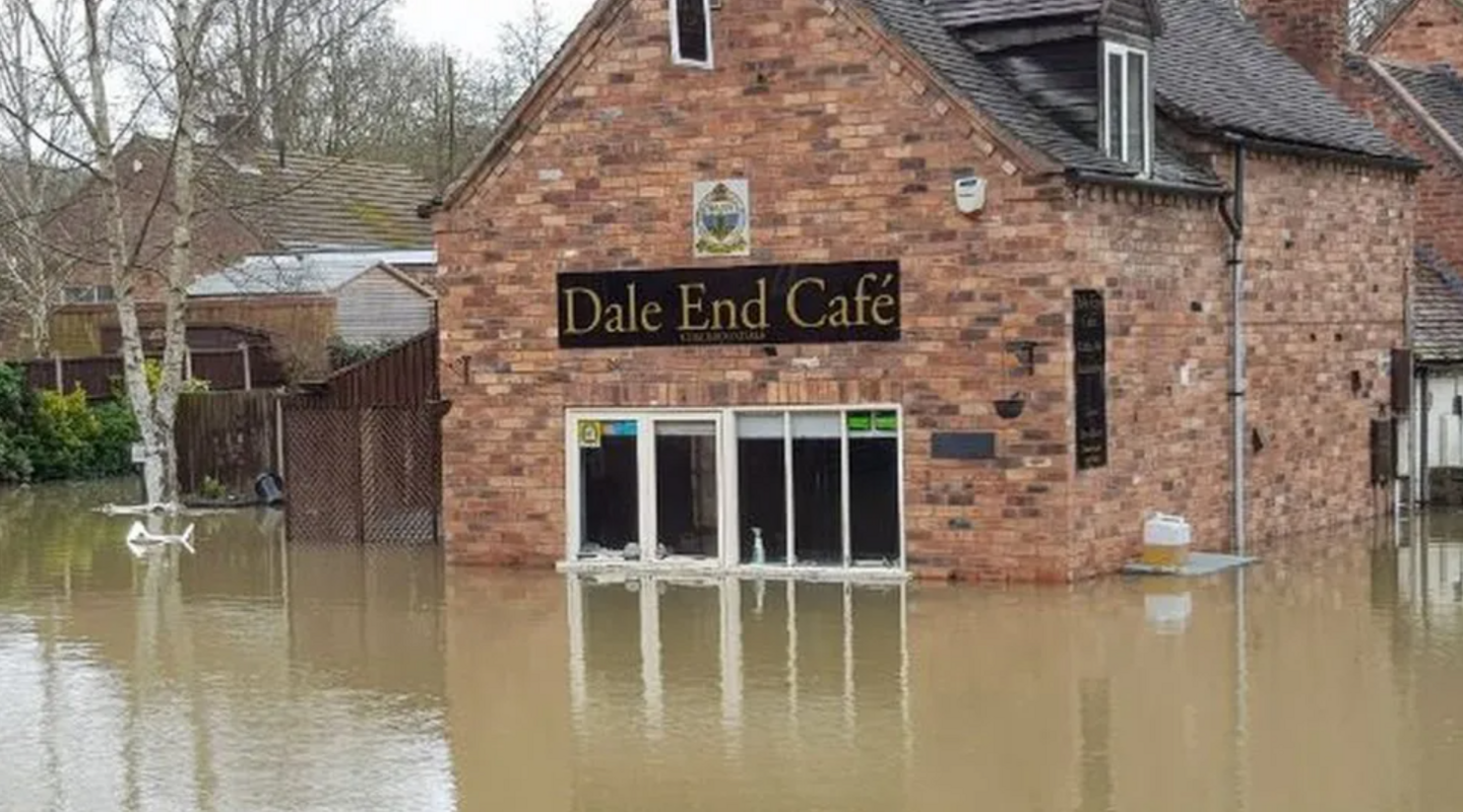 The Dale End Cafe in Ironbridge, surrounded by flood water