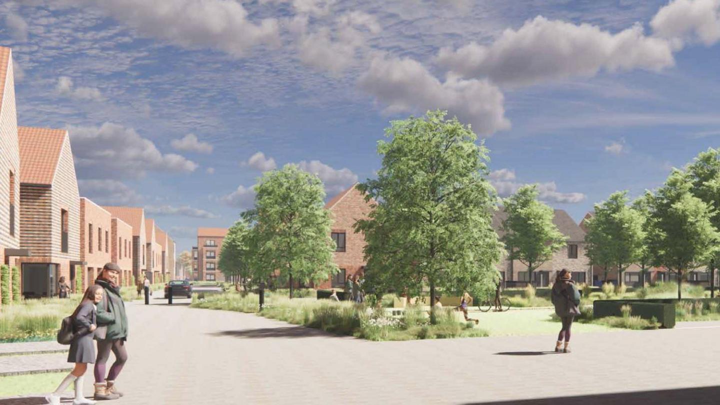 An artists impression of a new build estate. The area appears pedestrianised, with a number of tall tress. Happy people are walking about. There is blue sky with white clouds.