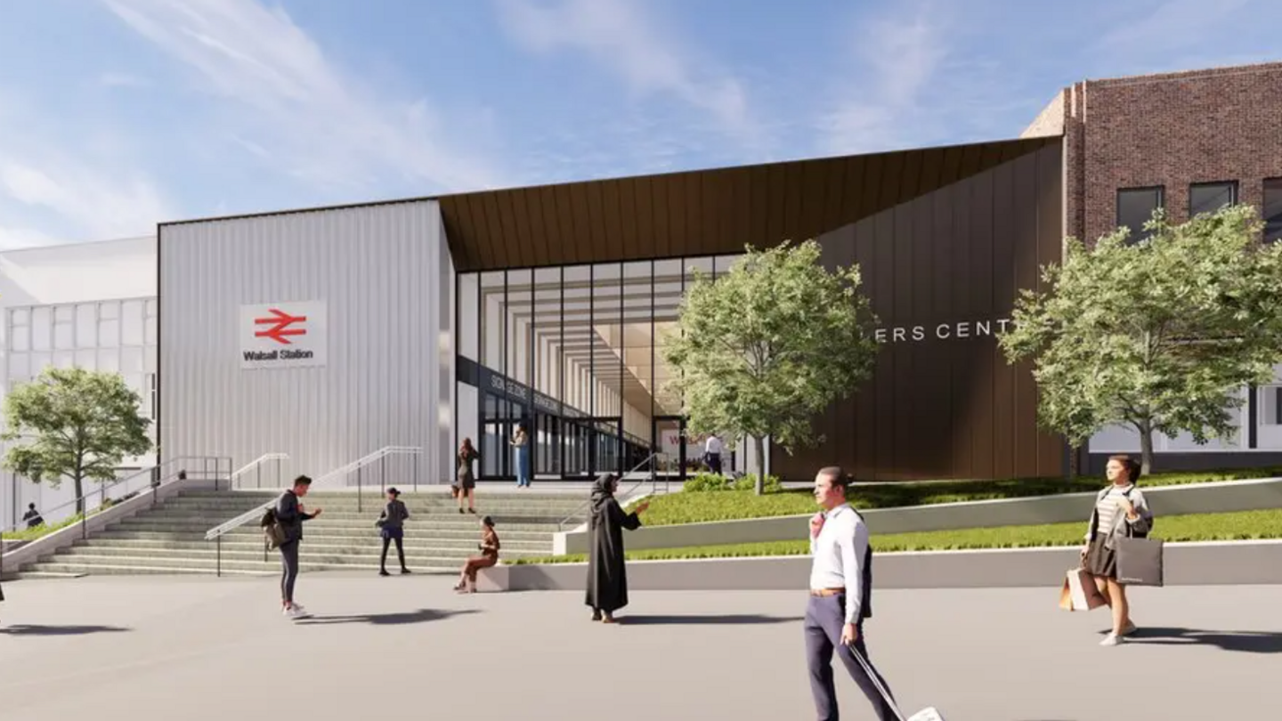 A CGI image of a brown and silver fronted building with a large glass entrance. Several computer-designed people are in front of it.