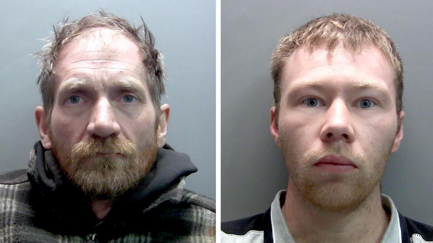 Police shots of Adam Carruthers and Daniel Graham side by side. They both have beards and have short hair and look sad and angry