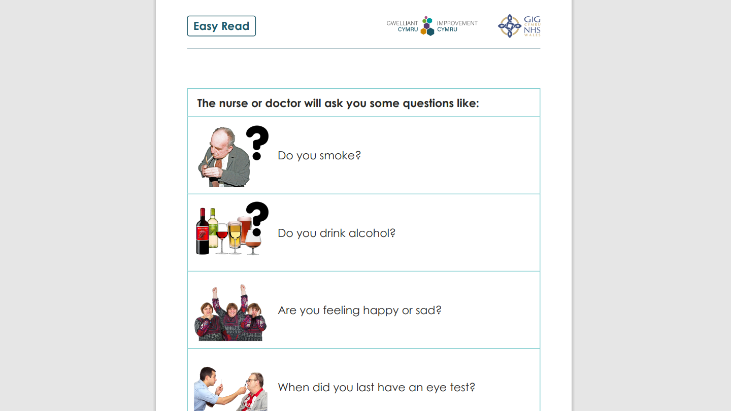 The letter has large font and a list of questions, alongside an image to help explain the context for each question. For example, next to a picture of wine bottles and glasses of beer and spirits, is a large question mark and the question: do you drink alcohol?