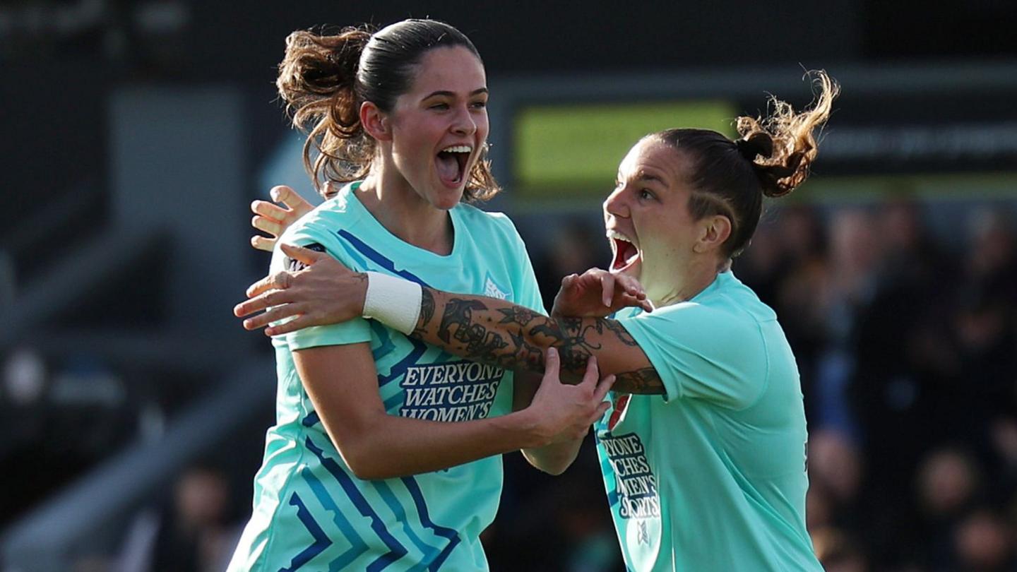Freya Godfrey of London City Lionesses celebrates with teammate Elena Linari after scoring her team's first goal