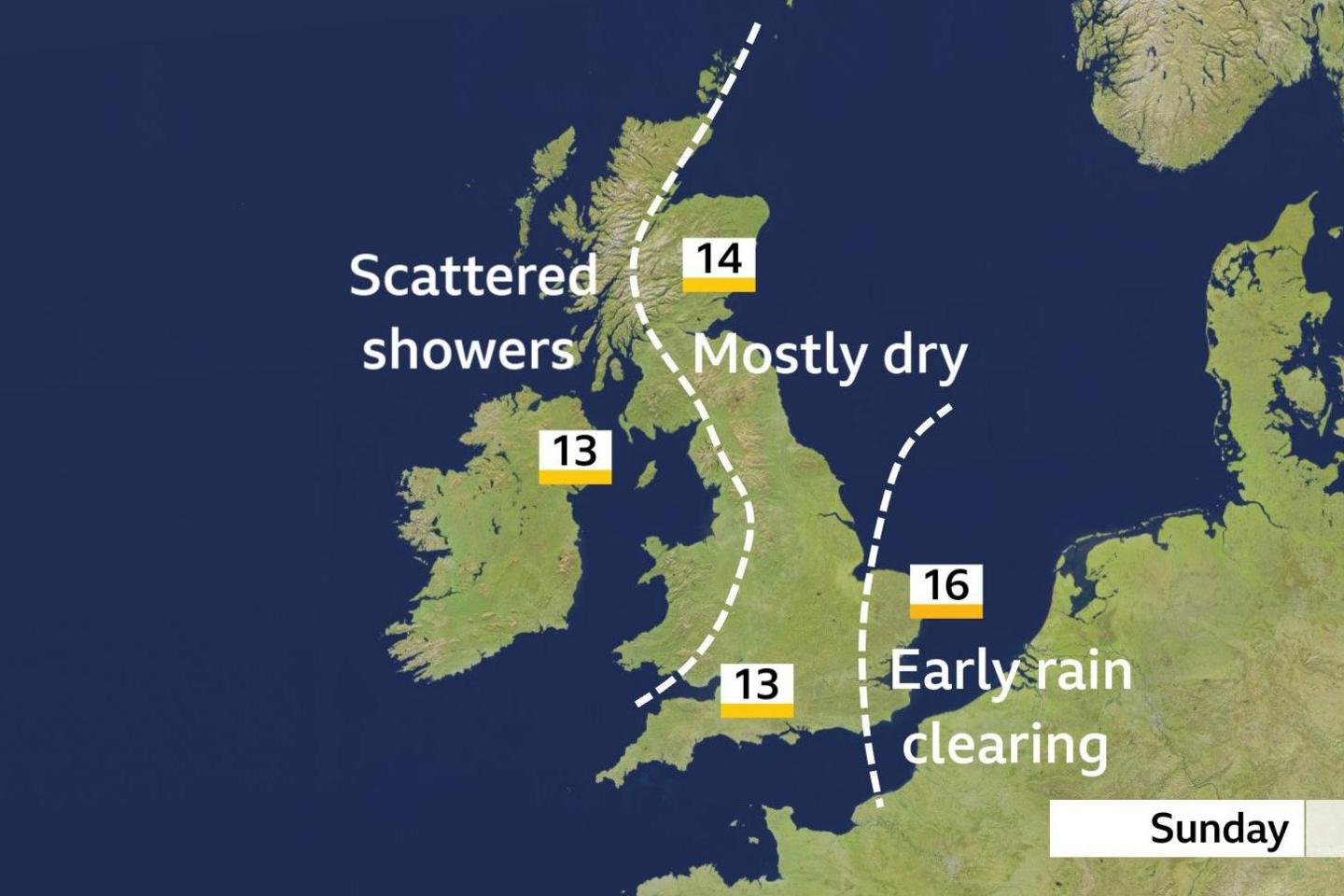 UK map with blustery showers in the north-west and early rain clearing the south-east