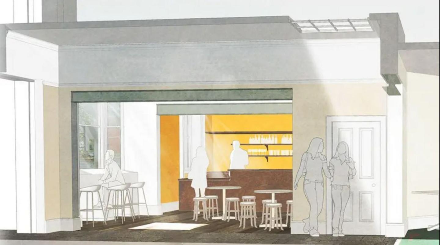 An architect's drawing of the inside of the foyer at Spilsby Sessions House. There is a bar, window seating with high stools and bistro-style tables and chairs.