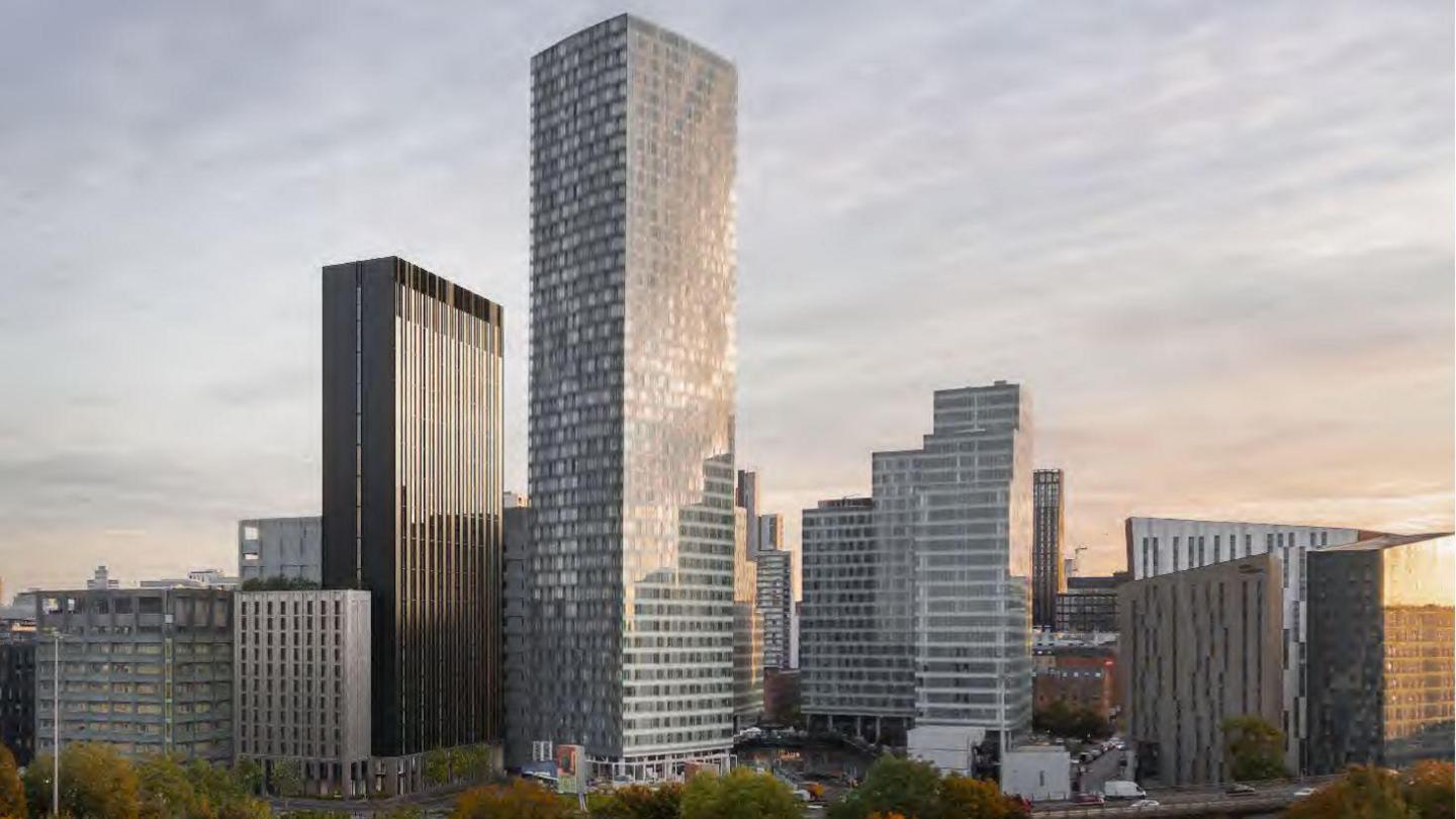 Artist's impression of the dark grey 33-storey building and the smaller 12-storey light grey structure attached among other buildings.