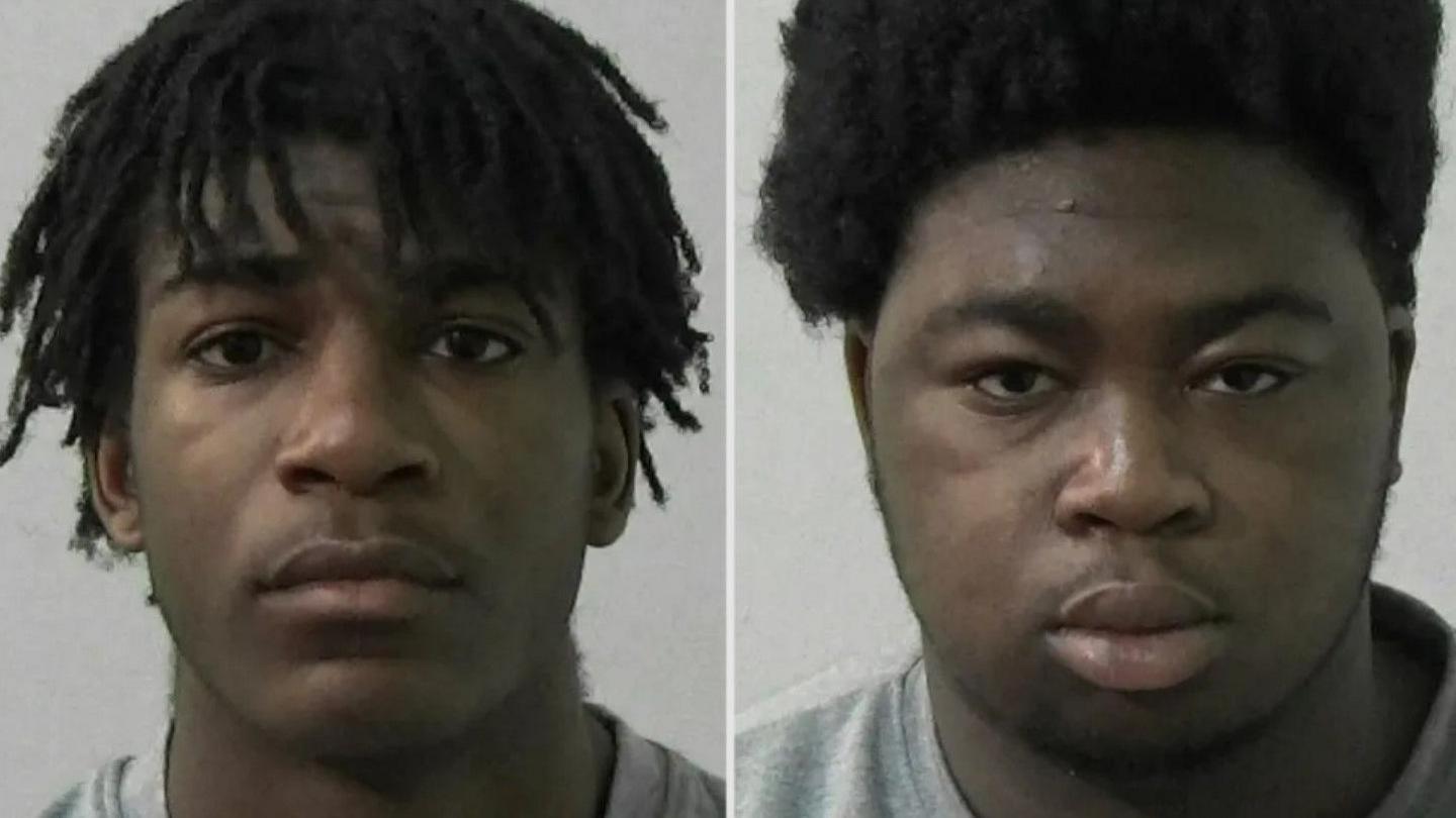 Police mugshots of two teenage boys. Both have dark hair and are wearing grey T-shirts.